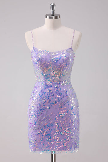 Glittrande lila Bodycon Spaghetti Remmar Paljetter Kort Homecoming Klänning